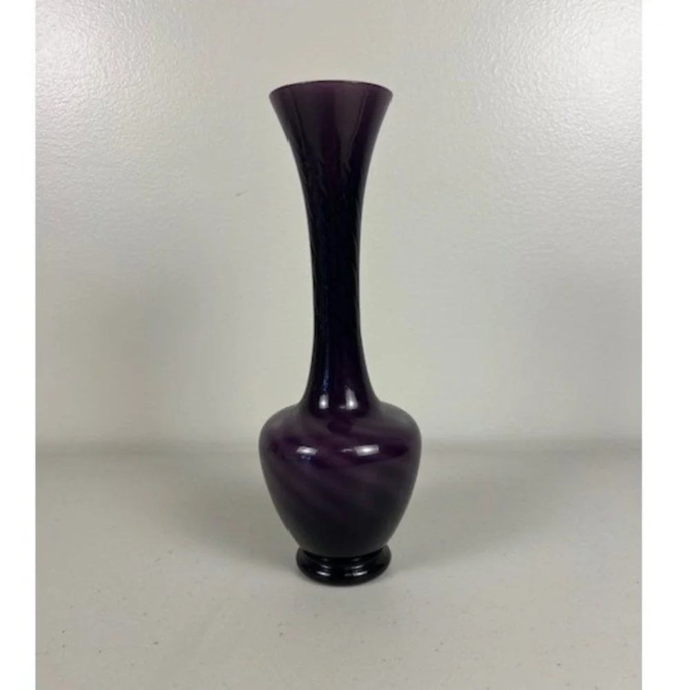 Purple Art Glass Swirl Bud Vase Long‎ Neck Amethyst Hand Blown 9 inch